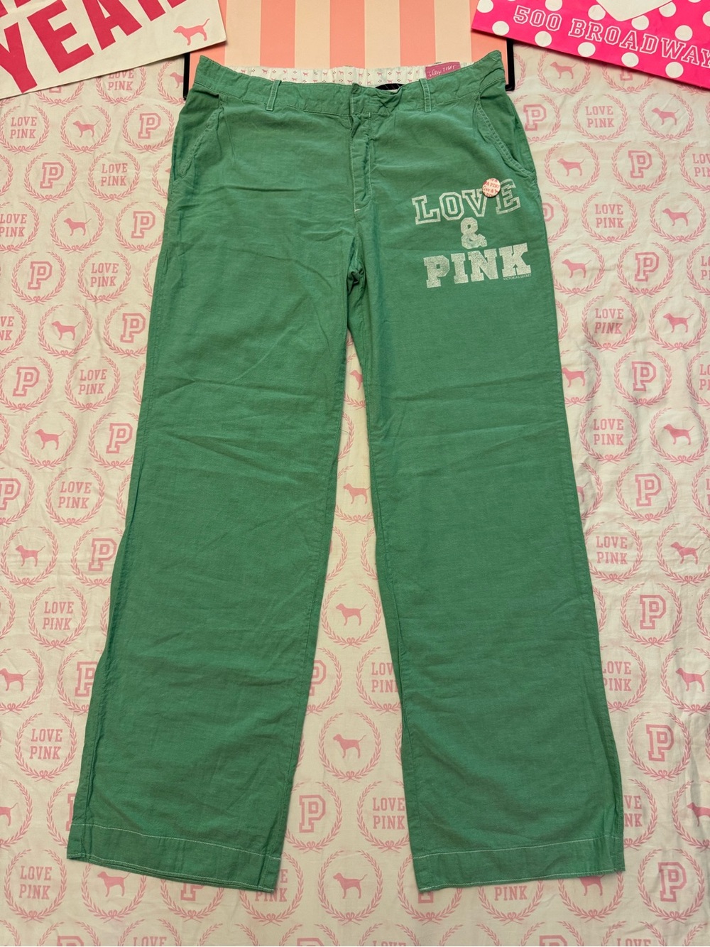VS PINK VINTAGE Y2K WIDE LEG PAJAMA PJ PANTS GREEN LOVE UNIVERSITY DOG BUTTON L
